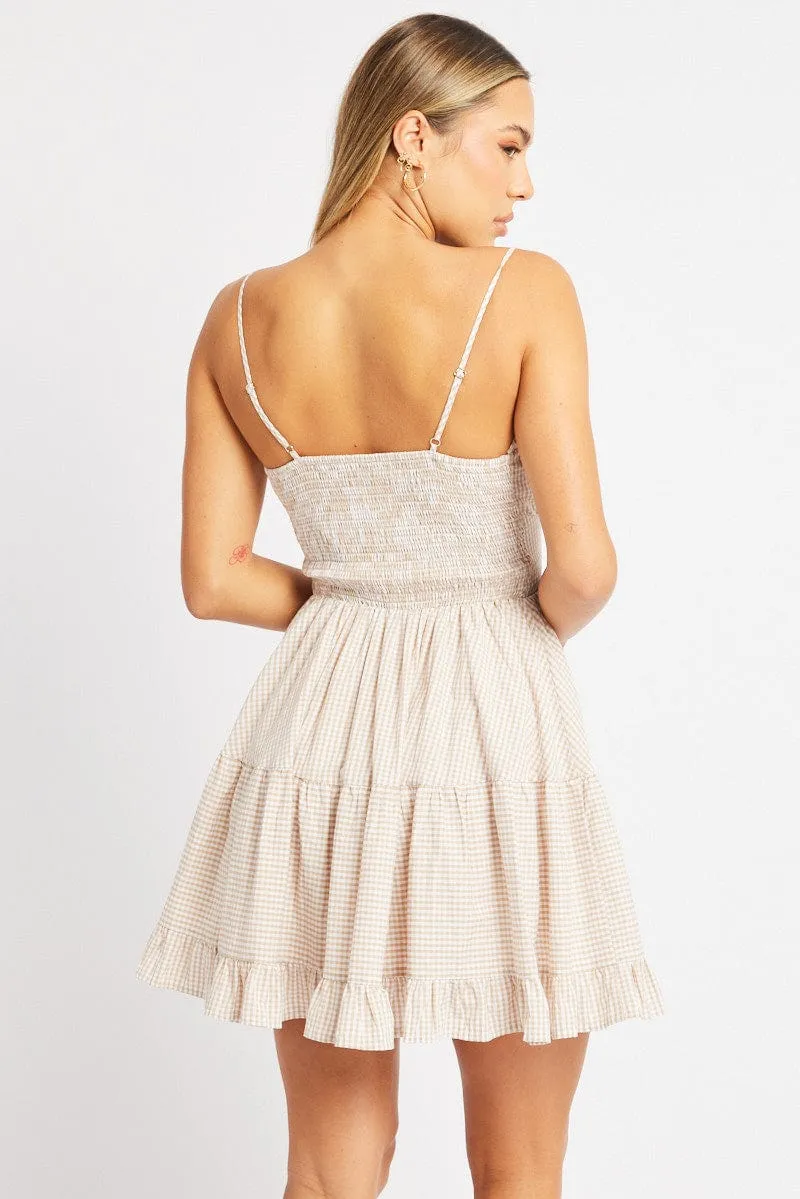 Beige Check Fit and Flare Dress Sleeveless Tiered