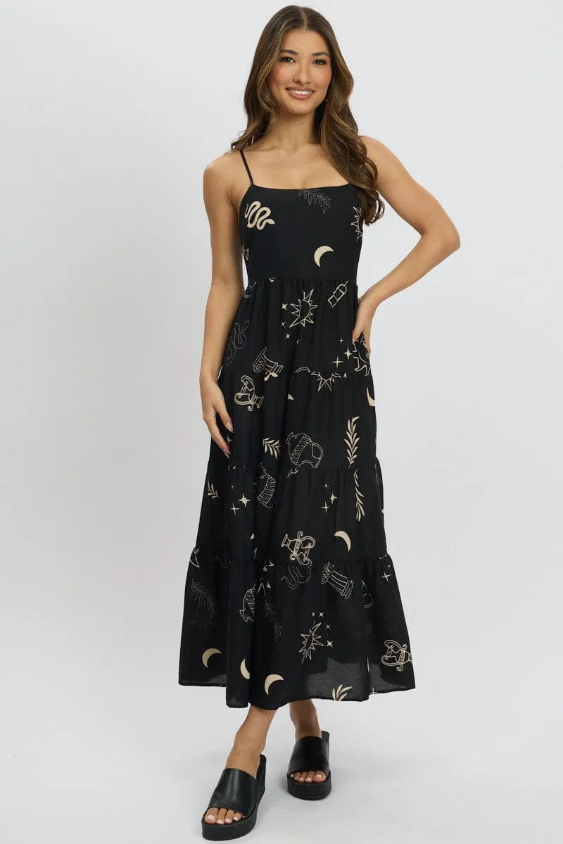 Black Abstract Midi Dress Tiered Strappy