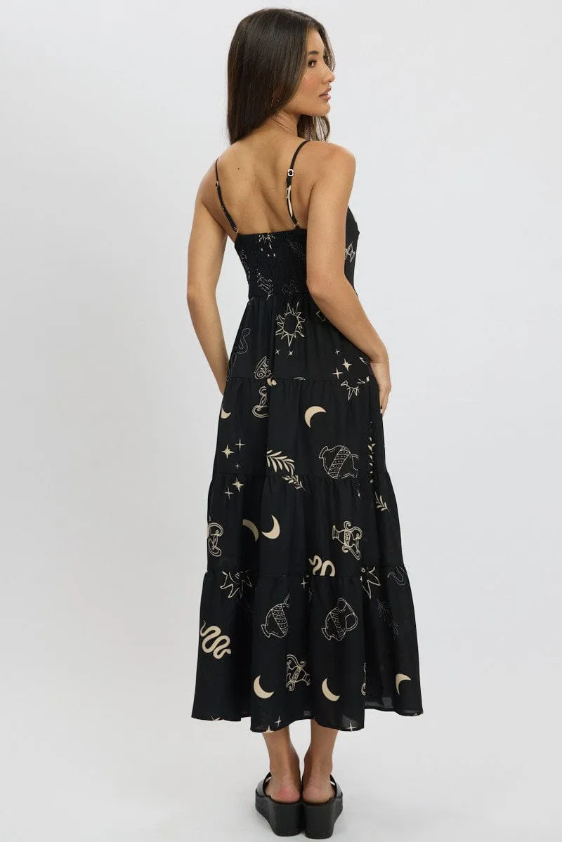 Black Abstract Midi Dress Tiered Strappy