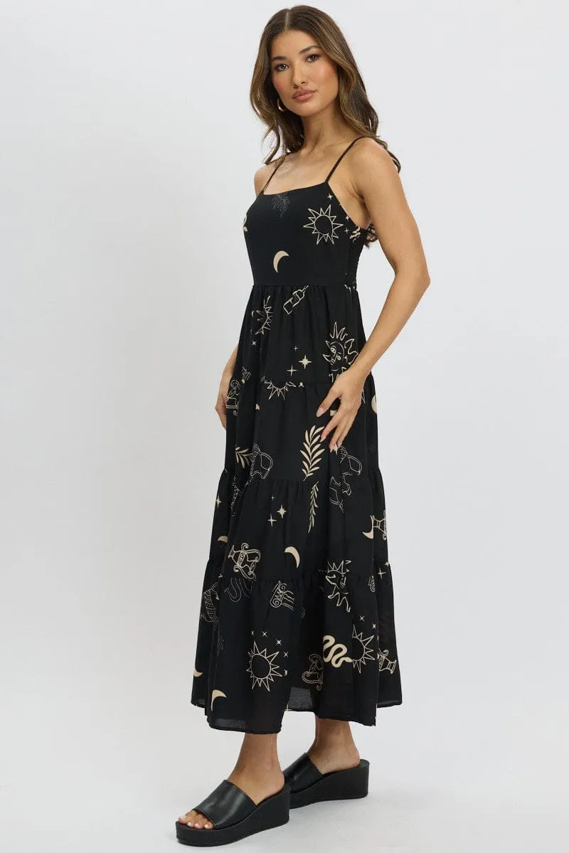 Black Abstract Midi Dress Tiered Strappy