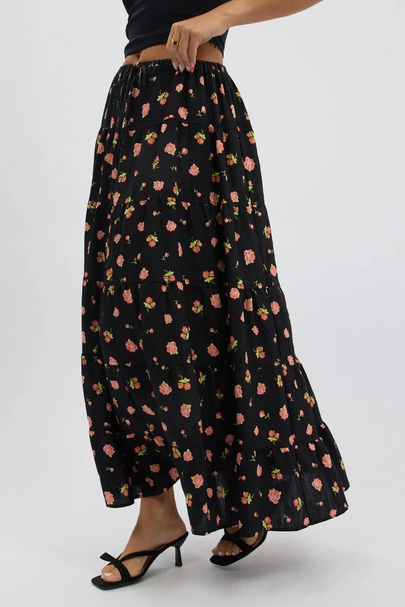 Black Ditsy Maxi Skirt Tiered High Rise