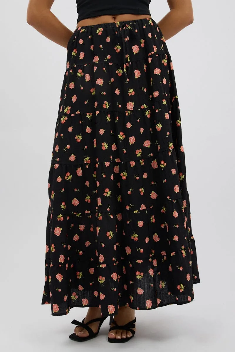 Black Ditsy Maxi Skirt Tiered High Rise