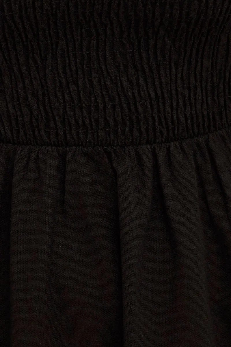 Black Puff Sleeve Shirred Tiered Midi Dress