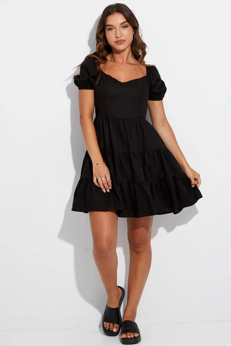 Black Skater Dress Short Sleeve Tiered