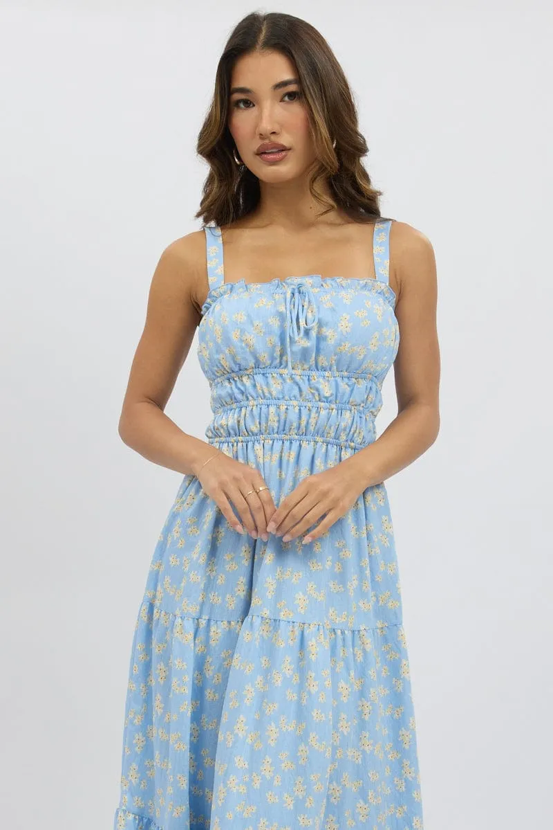 Blue Ditsy Maxi Dress Strappy Tiered