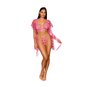 Dreamgirl Flocked Heart Mesh and Eyelash Lace Robe. Bralette. and G-string Set Peony M