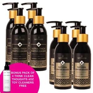 Pack of 4 Natural Water Based Lubricants Unscented 4.2 oz./Pack of 4 Ultra Thick Water Based Lubricants Unscented 4.2 oz.  Free Bonus Pack of 4 Think Clean Thoughts Toy Cleaner 4.2 oz.