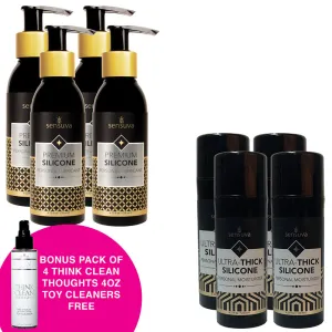 Pack of 4 Premium Silicone Lubricant 4.2 oz./Pack of 4 Ultra-Thick Silicone Lubricant 4.2 oz.  Free Bonus Pack of 4 Think Clean Thoughts Toy Cleaner 4.2 oz.