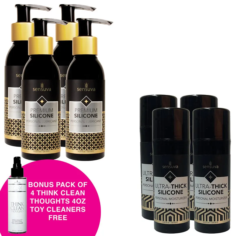 Pack of 4 Premium Silicone Lubricant 4.2 oz./Pack of 4 Ultra-Thick Silicone Lubricant 4.2 oz.  Free Bonus Pack of 4 Think Clean Thoughts Toy Cleaner 4.2 oz.