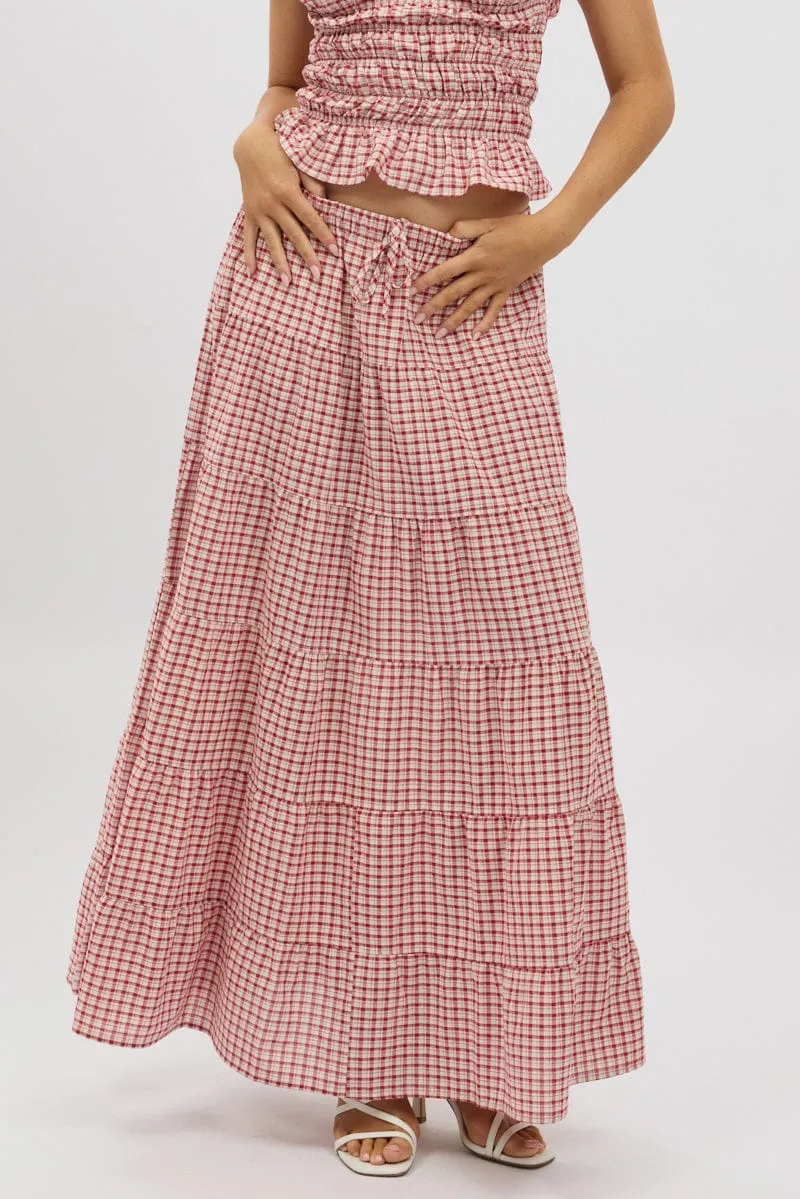 Red Check Maxi Skirt Tiered High Rise