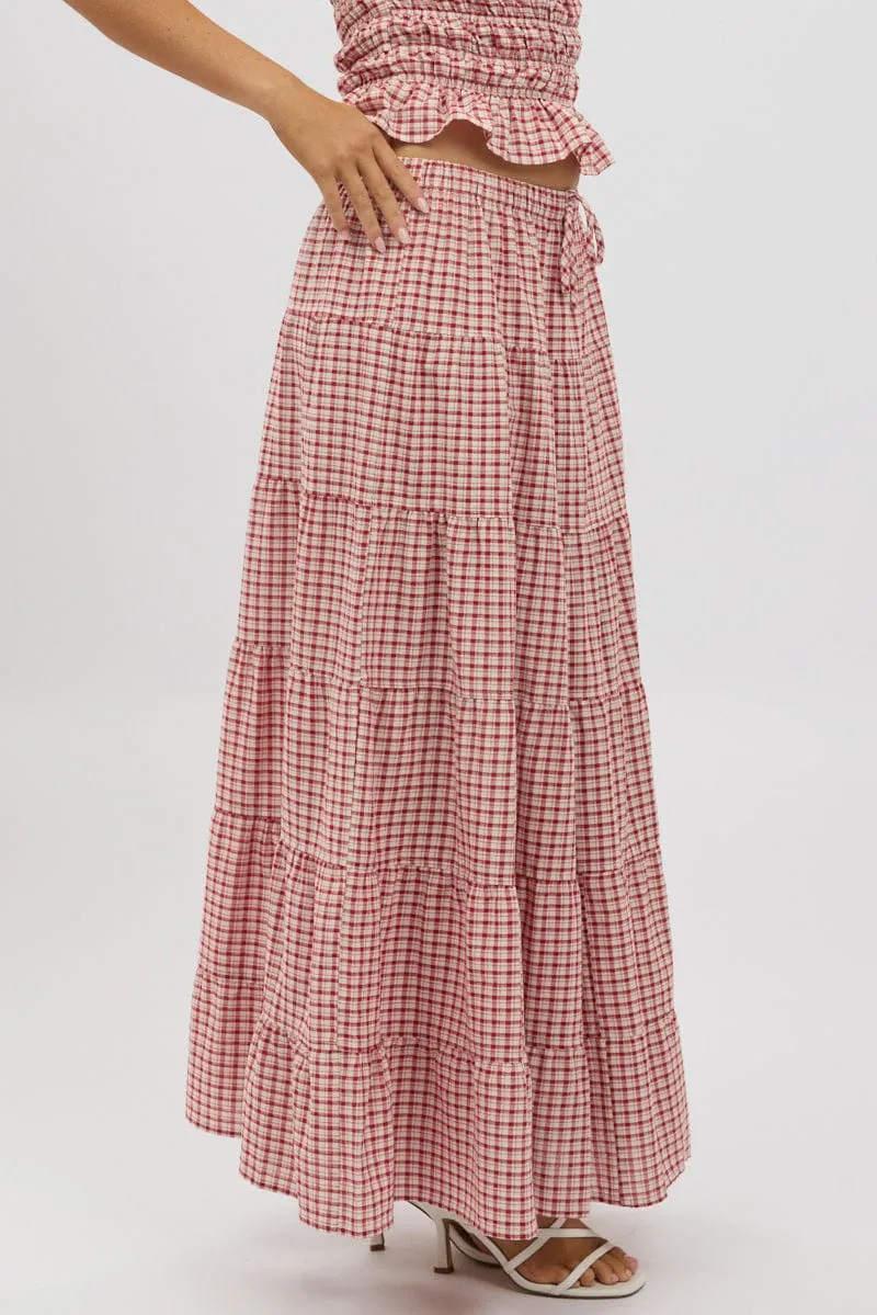 Red Check Maxi Skirt Tiered High Rise