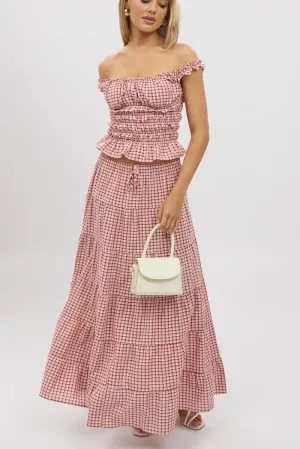 Red Check Maxi Skirt Tiered High Rise