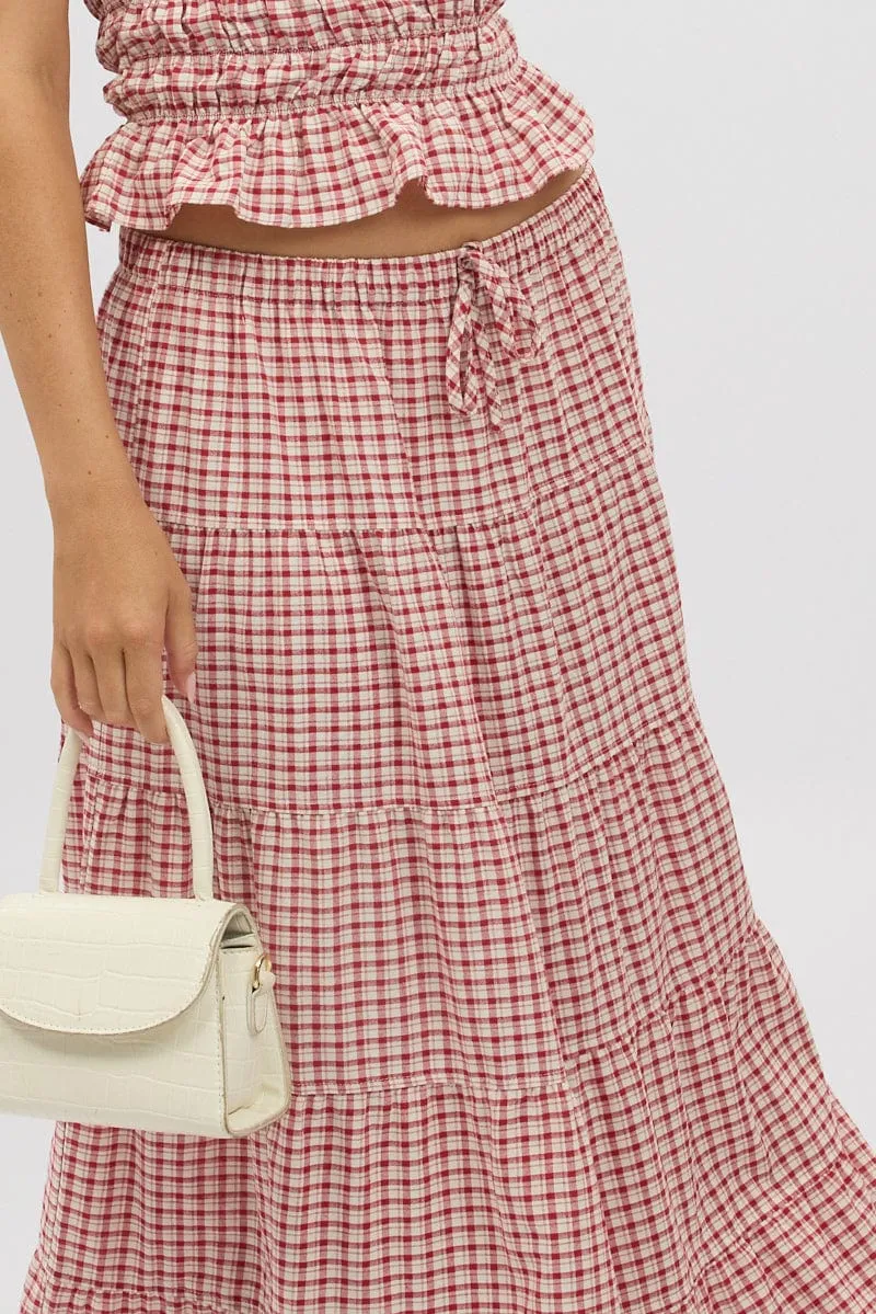 Red Check Maxi Skirt Tiered High Rise