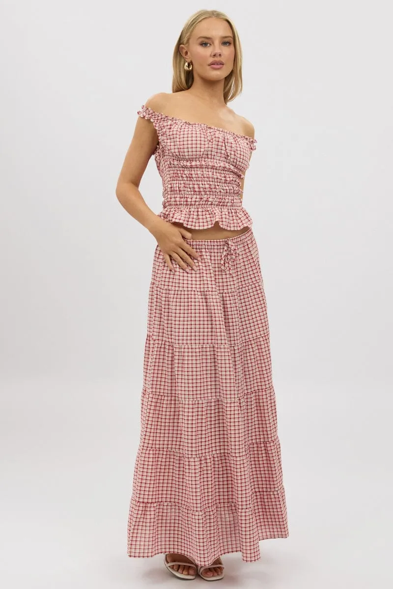 Red Check Maxi Skirt Tiered High Rise