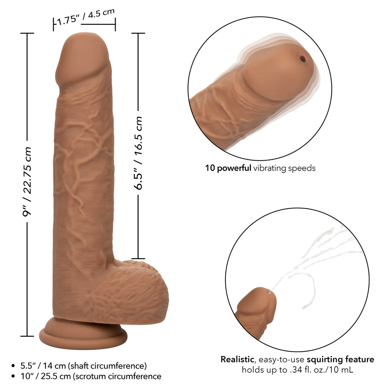 Squirting Fuck Stick 9 Vibrating Dildo Suction Cup Dong Sex Toy Brown