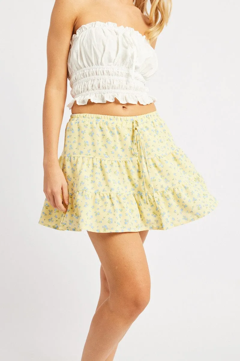 Yellow Ditsy Skater Skirt High Rise Tiered Mini Lined